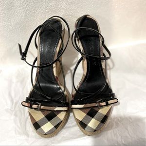 Burberry Nova Check Ankle Strappy Espadrille Wedge Heels